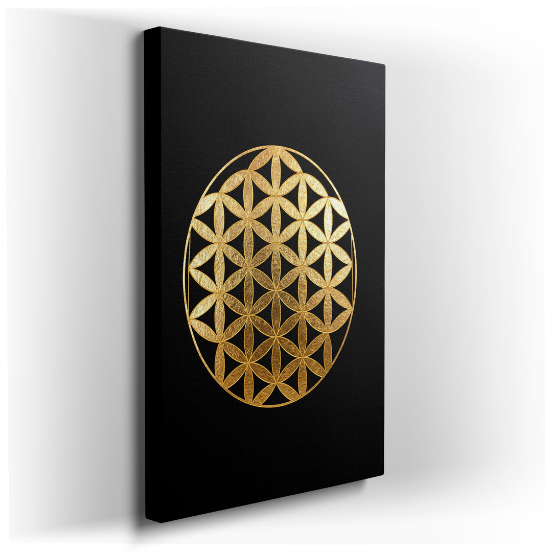 Golden Flower of Life art print on black backdrop creates a striking geometric wall art composition.
