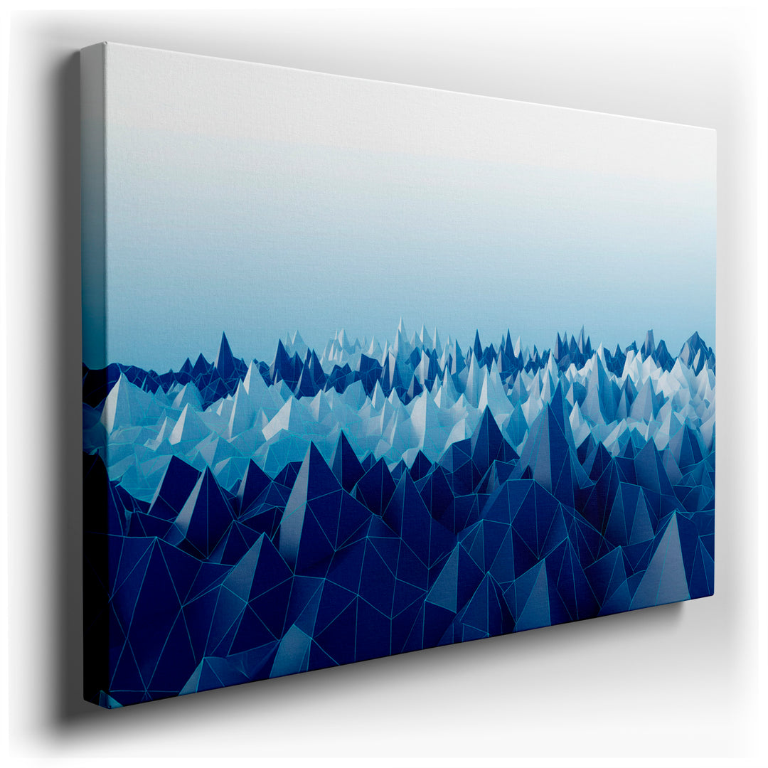 Abstract blue geometric landscape wall art featuring polygonal shapes creating a dynamic visual. Modern wall decor for any interior.