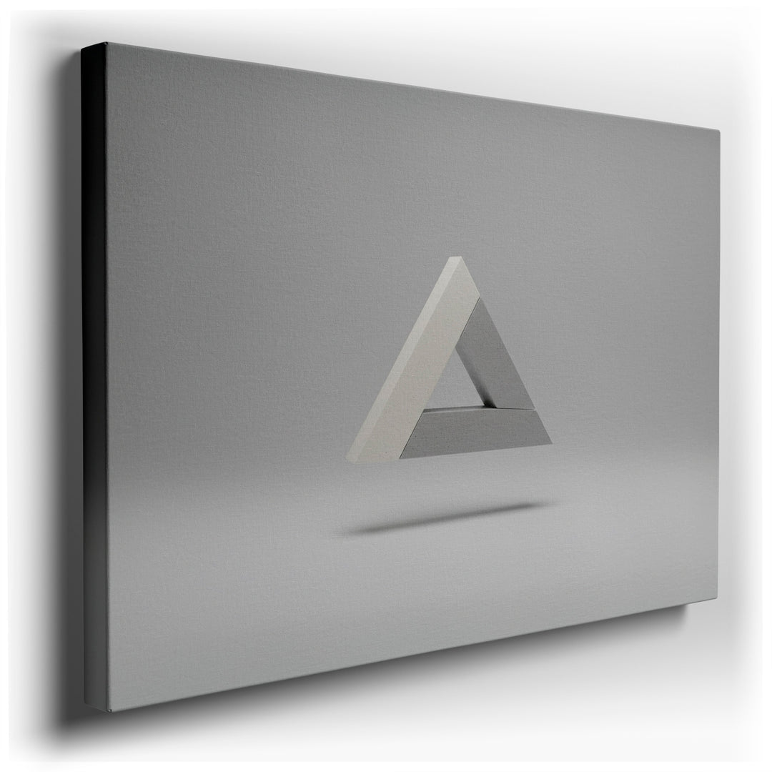 Abstract wall art featuring an impossible triangle, rendered in gray and white, creating a visually intriguing piece.