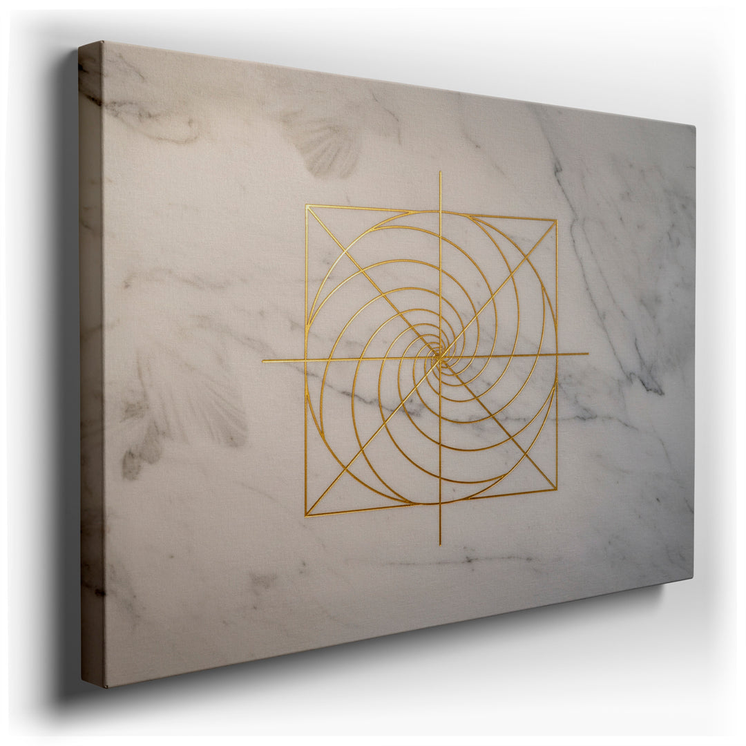 Abstract wall art featuring a golden ratio spiral on a marble background, rendered in gold. A modern and elegant piece.