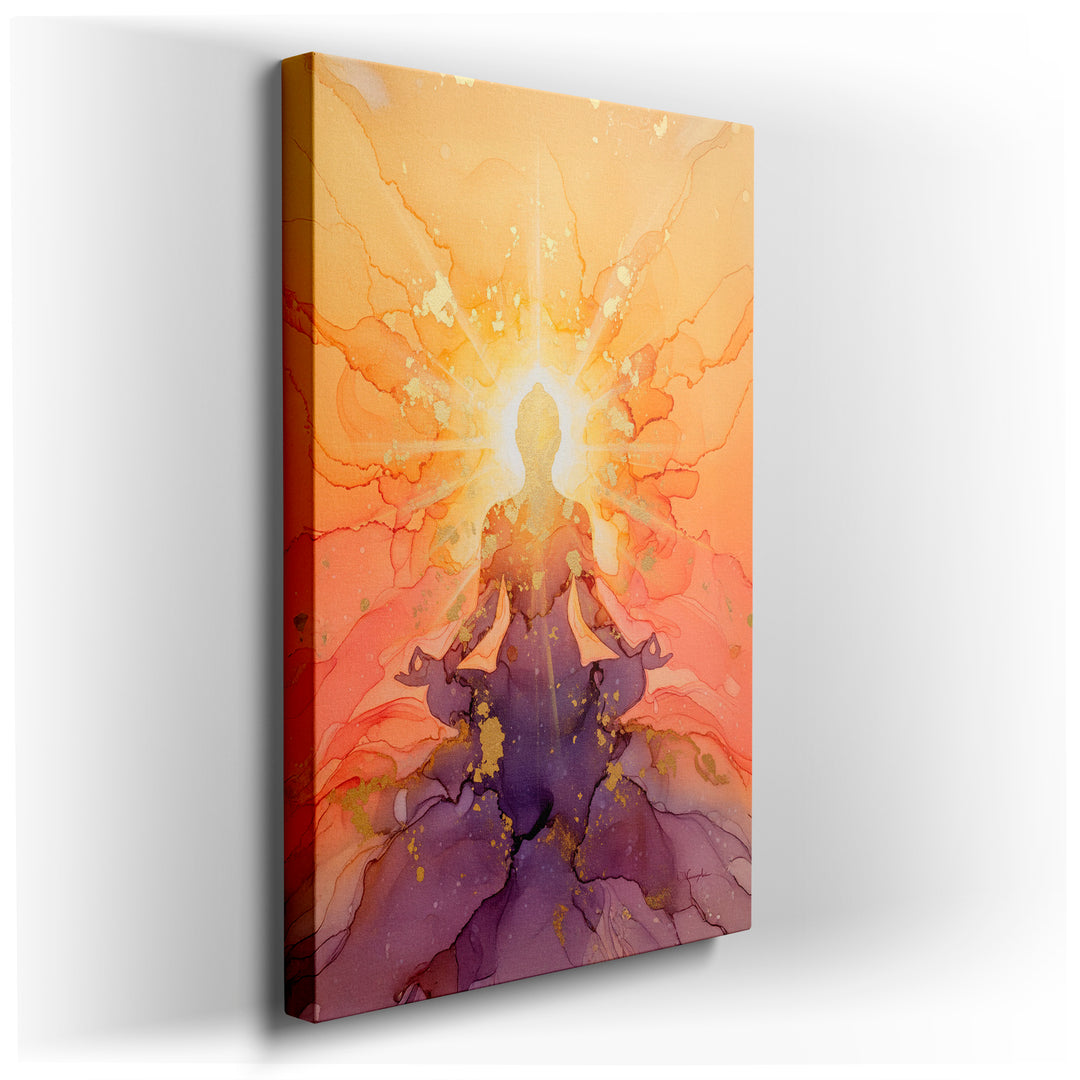 Abstract wall art of a meditating figure radiating light in orange, purple, and gold, bringing tranquility to any space.