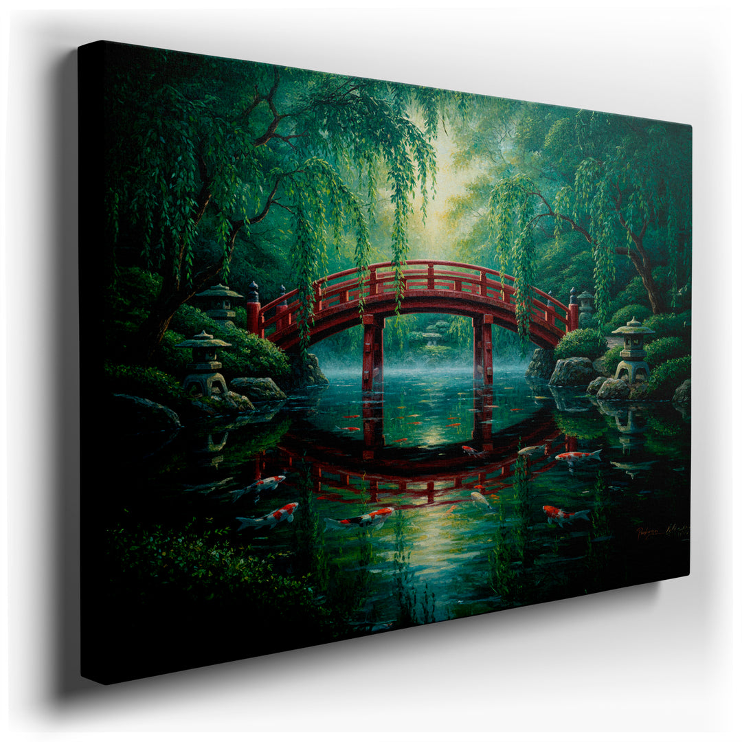 A calming image of a Japanese garden bridge reflected in a koi pond, surrounded by lush greenery and serene lighting.
