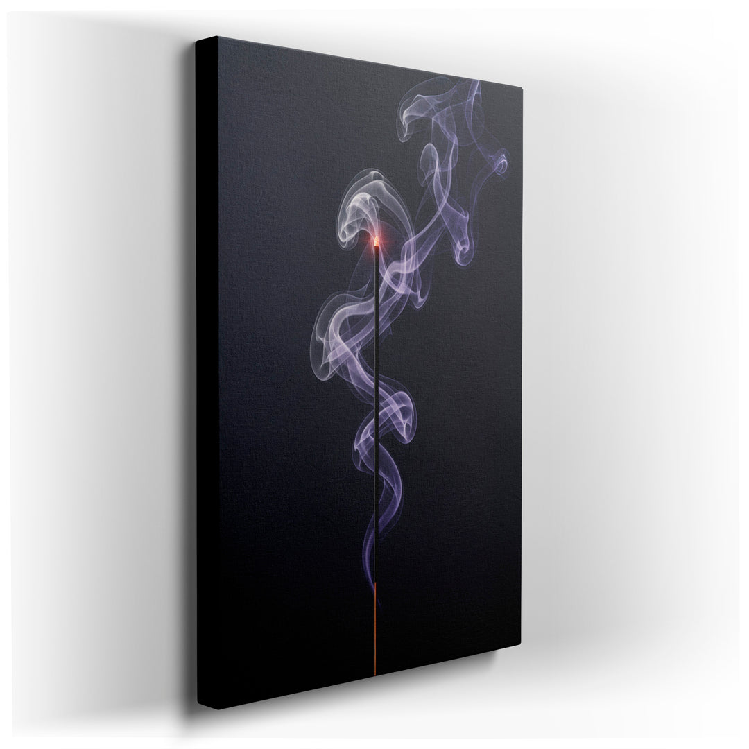 Captivating wall art of a lit incense stick with delicate wisps of smoke against a dark background, creating a calming visual.