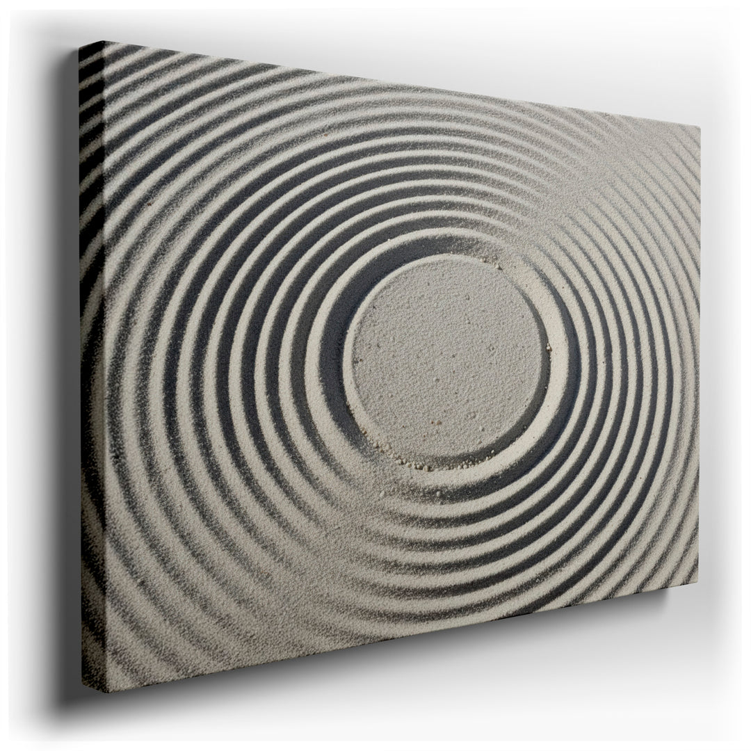 Zen garden sand featuring concentric circles raked in sand; minimalist wall art design with a focus on texture and calming patterns.