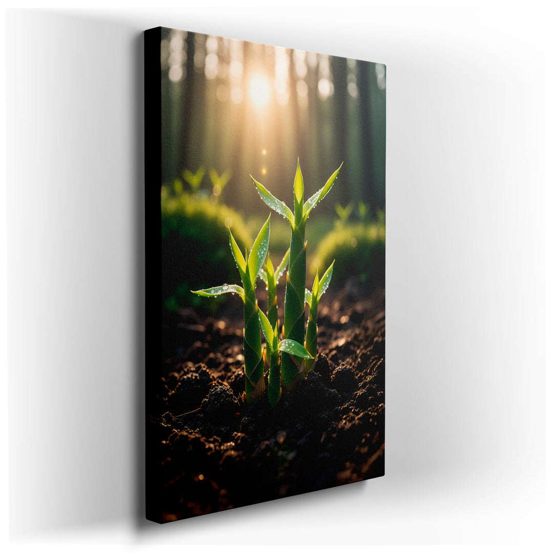 Close-up canvas wall art of dew-kissed green bamboo shoots growing from soil, in a sunlit forest scene, evokes a sense of natural tranquility.