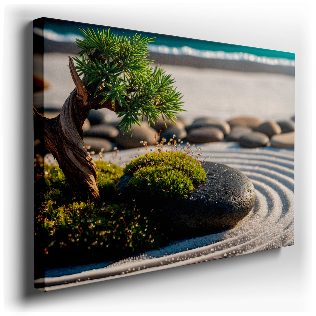 Zen garden wall art featuring a bonsai tree, stones, and raked sand, bringing tranquility and balance to any room's wall decor.