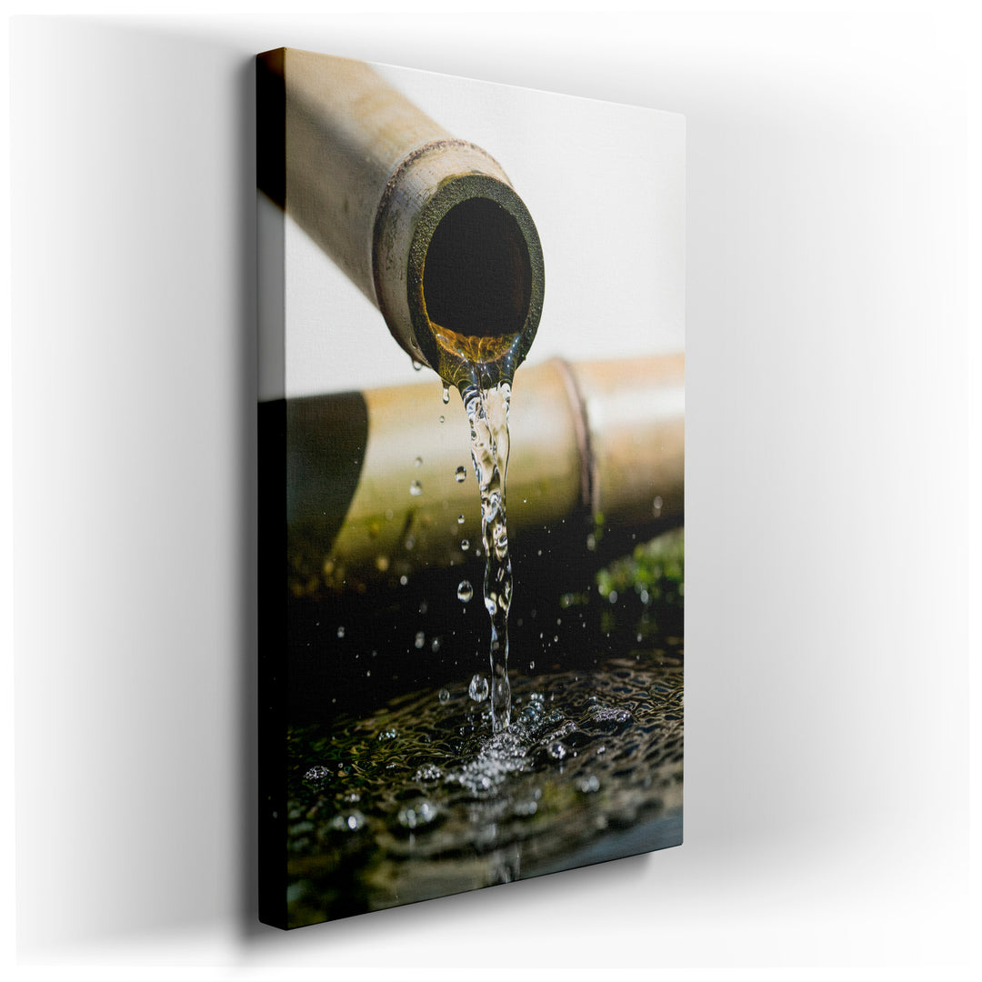 Zen Bamboo Fountain wall art featuring water flowing from a bamboo spout into a basin, creating a tranquil, natural wall decor.