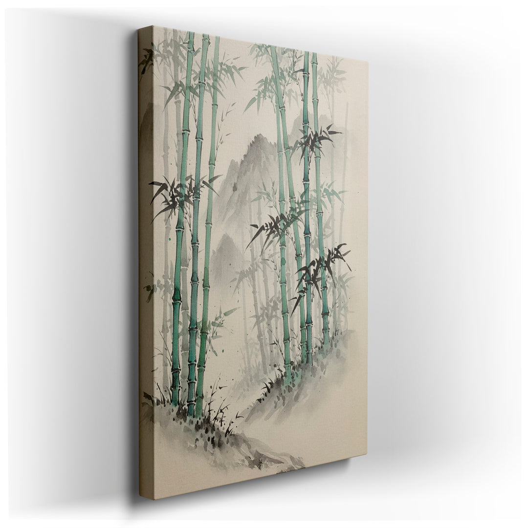 Watercolor wall art depicting a bamboo forest with misty mountains. Elegant Asian-inspired wall decor for a calming atmosphere.