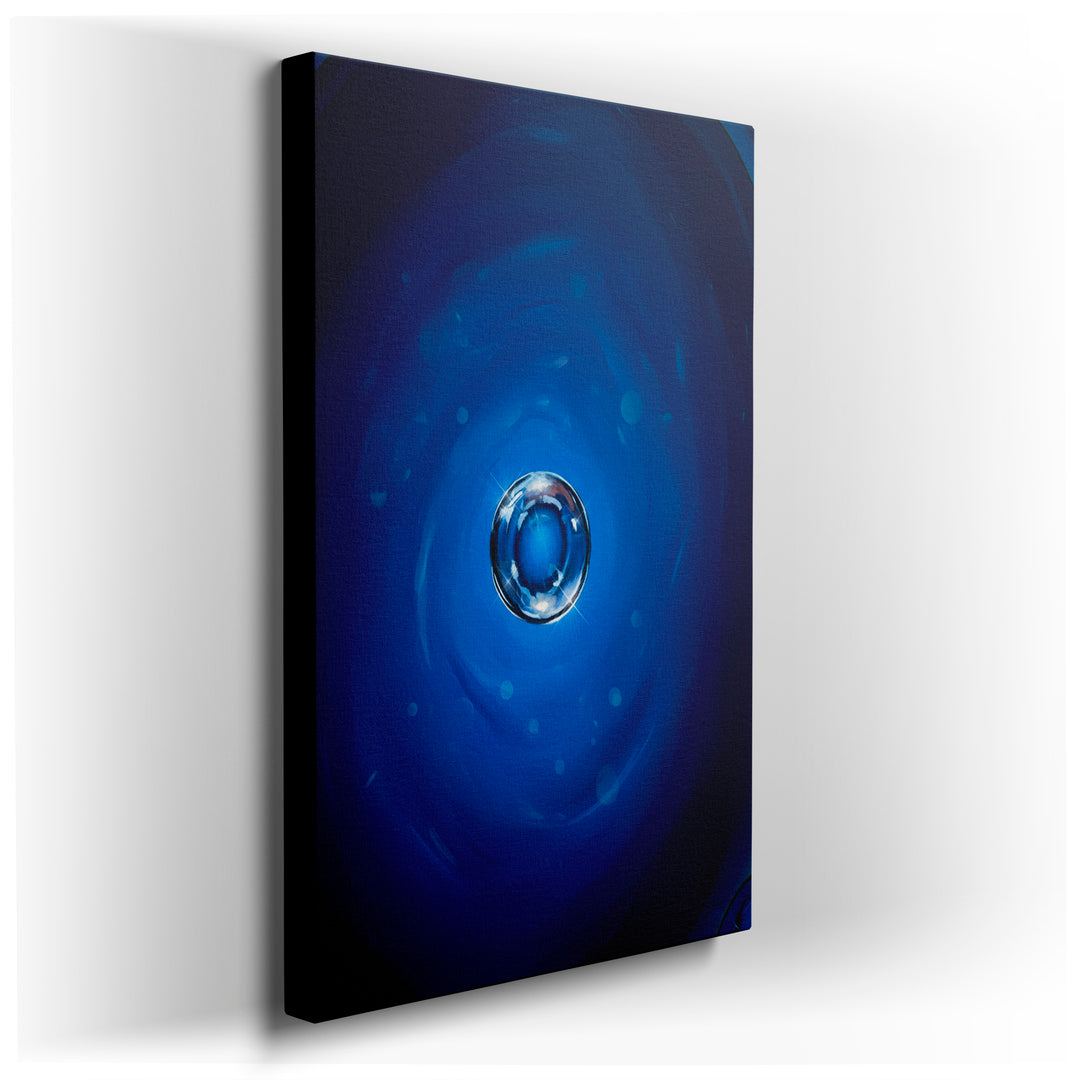 Abstract blue orb wall art featuring a central luminous sphere against a swirling blue backdrop, enhancing any modern wall decor.