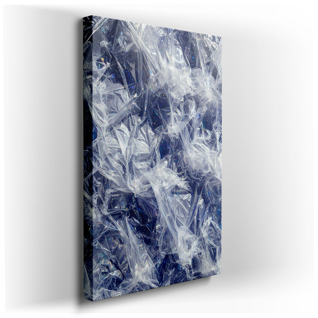 Abstract wall art featuring an iridescent plastic texture with light reflecting, creating a modern and shimmering visual effect.