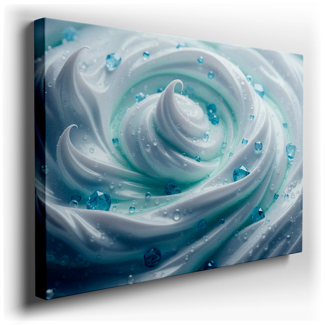Close-up of abstract wall art featuring swirling white textures accented with gem-like blue accents creating a soothing aesthetic.