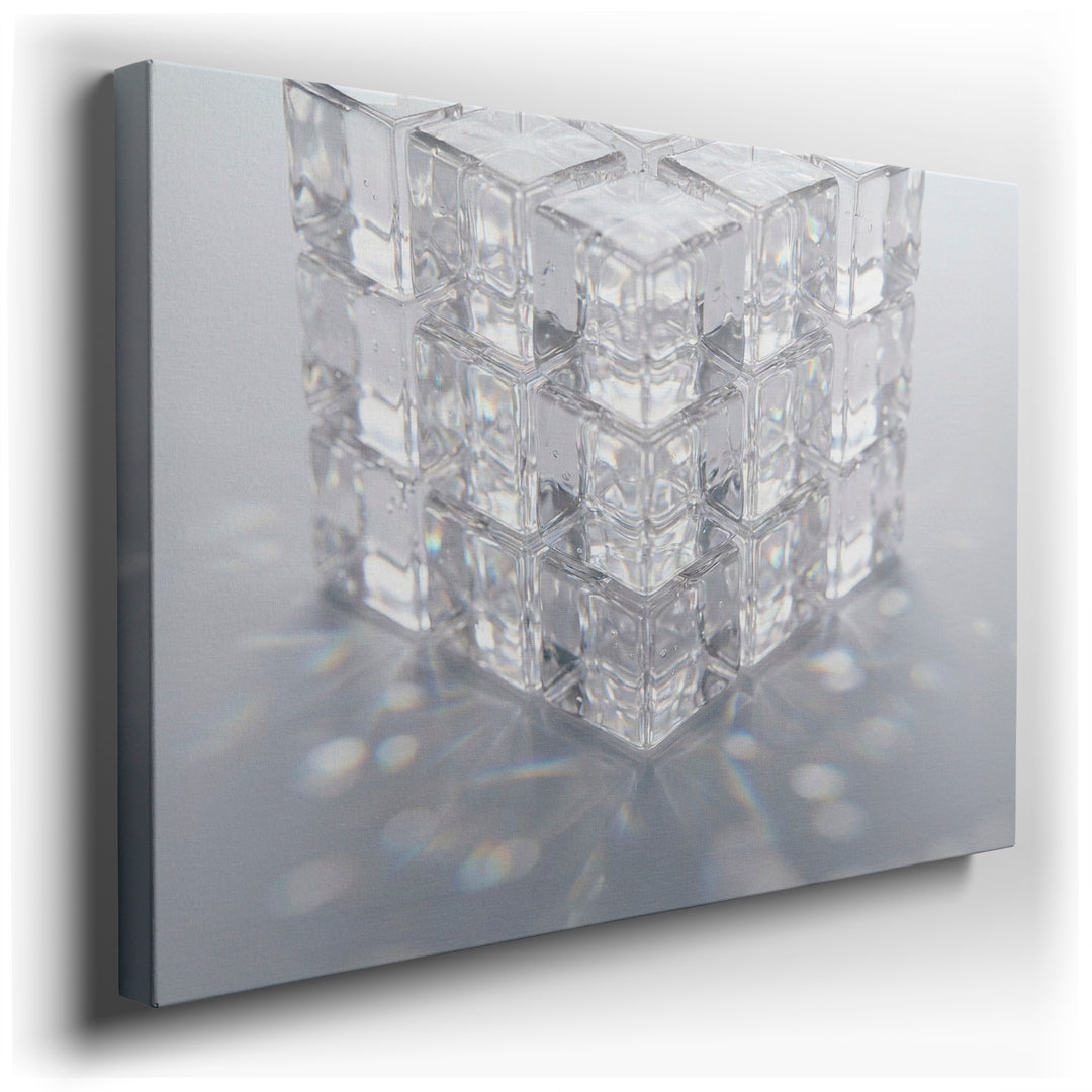 Abstract wall art: Clear cube structure on canvas, creating depth and shimmering light reflections.