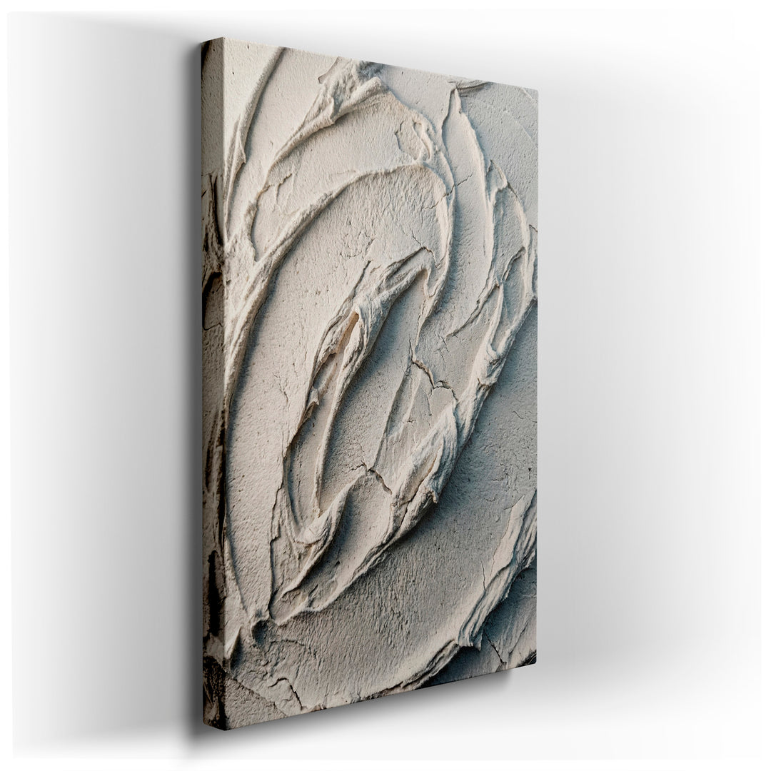 Close-up of a textured white abstract canvas wall art piece with visible brushstrokes and a tactile, organic feel.