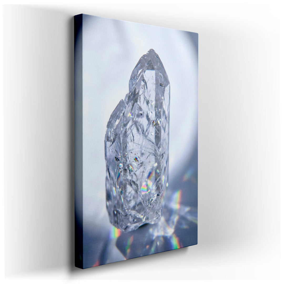 Close-up of clear quartz crystal wall art, showing intricate details and rainbow light refraction on a canvas print.