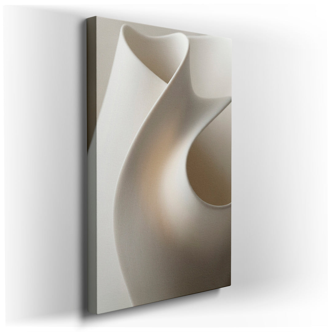 Close-up of a minimalist white ceramic sculpture wall art showcasing smooth, flowing lines and subtle light play.