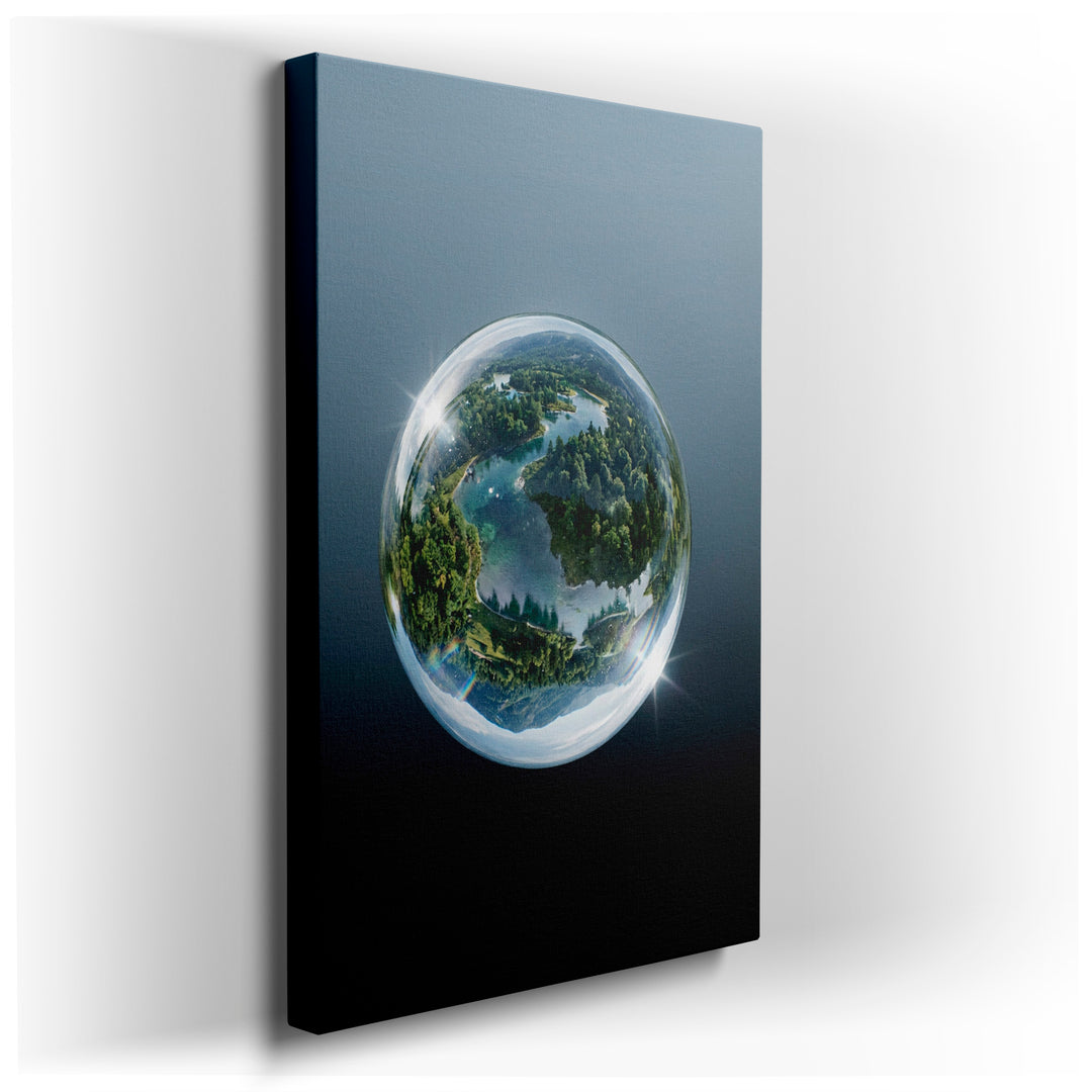 A spherical view of a forest and lake landscape, displayed as captivating canvas wall art for elegant home decor.