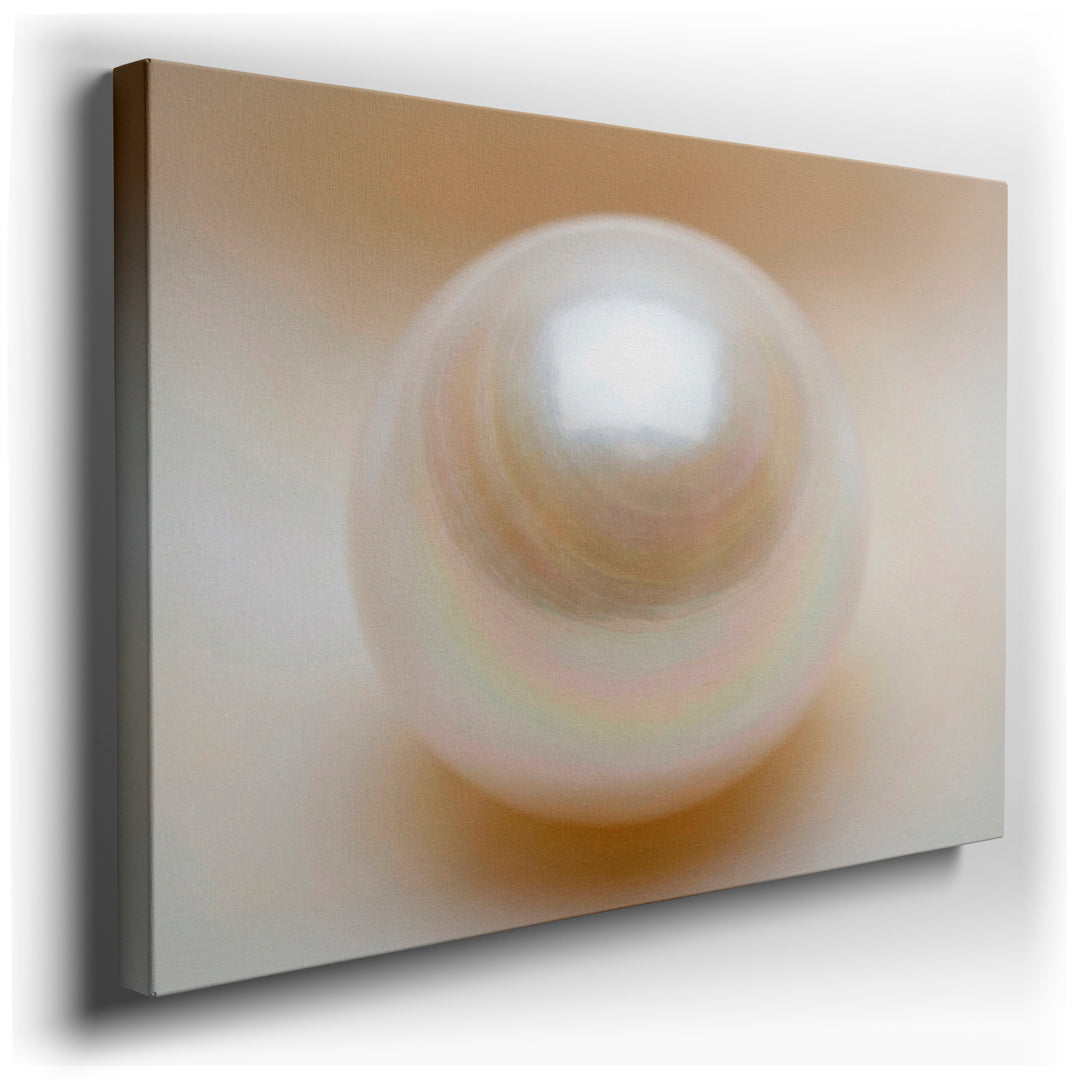 Close-up wall art of a luminous pearl displaying subtle iridescence and a smooth, reflective surface.