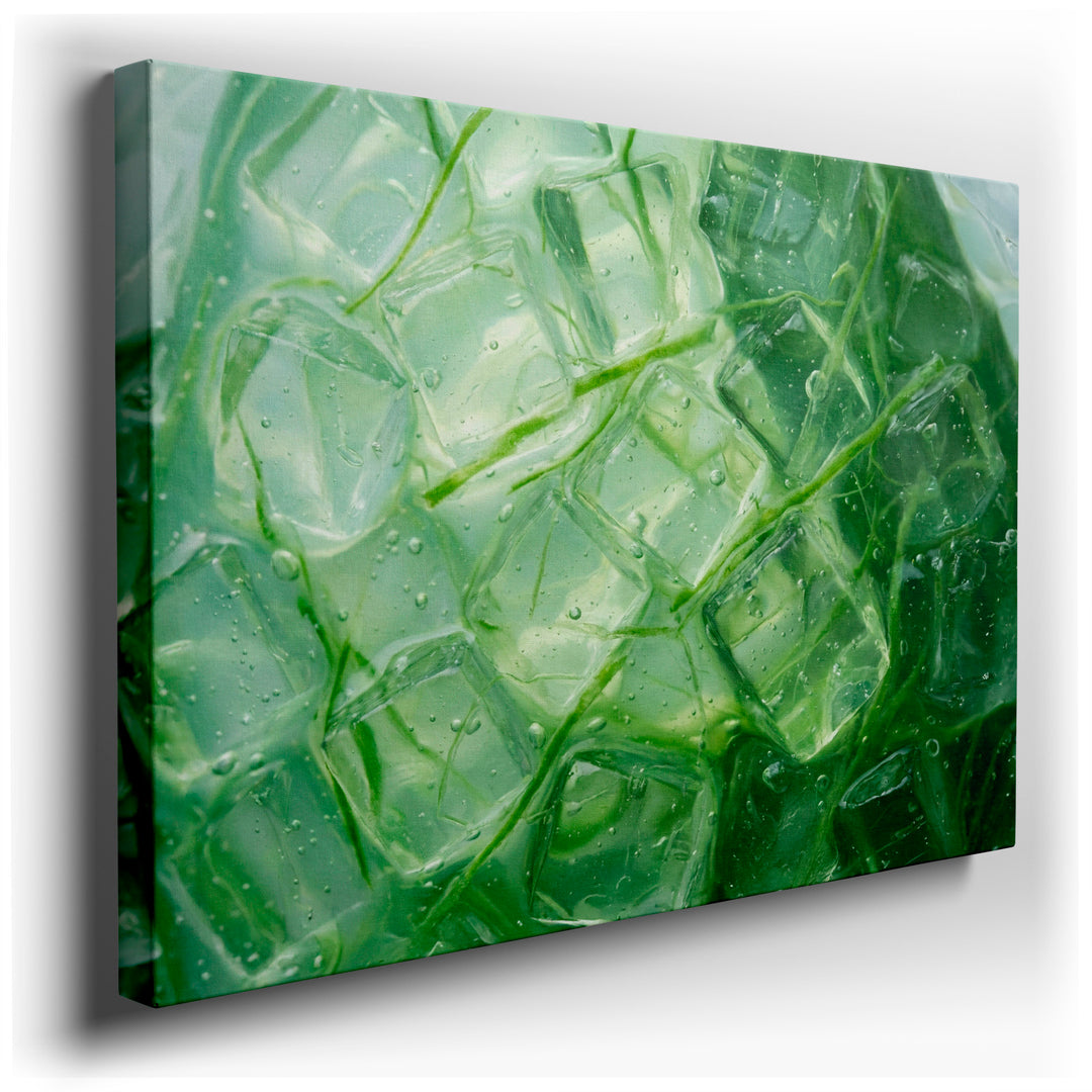 Abstract wall art featuring a textured composition of clear ice cubes and vibrant green plant sprigs, modern and refreshing.