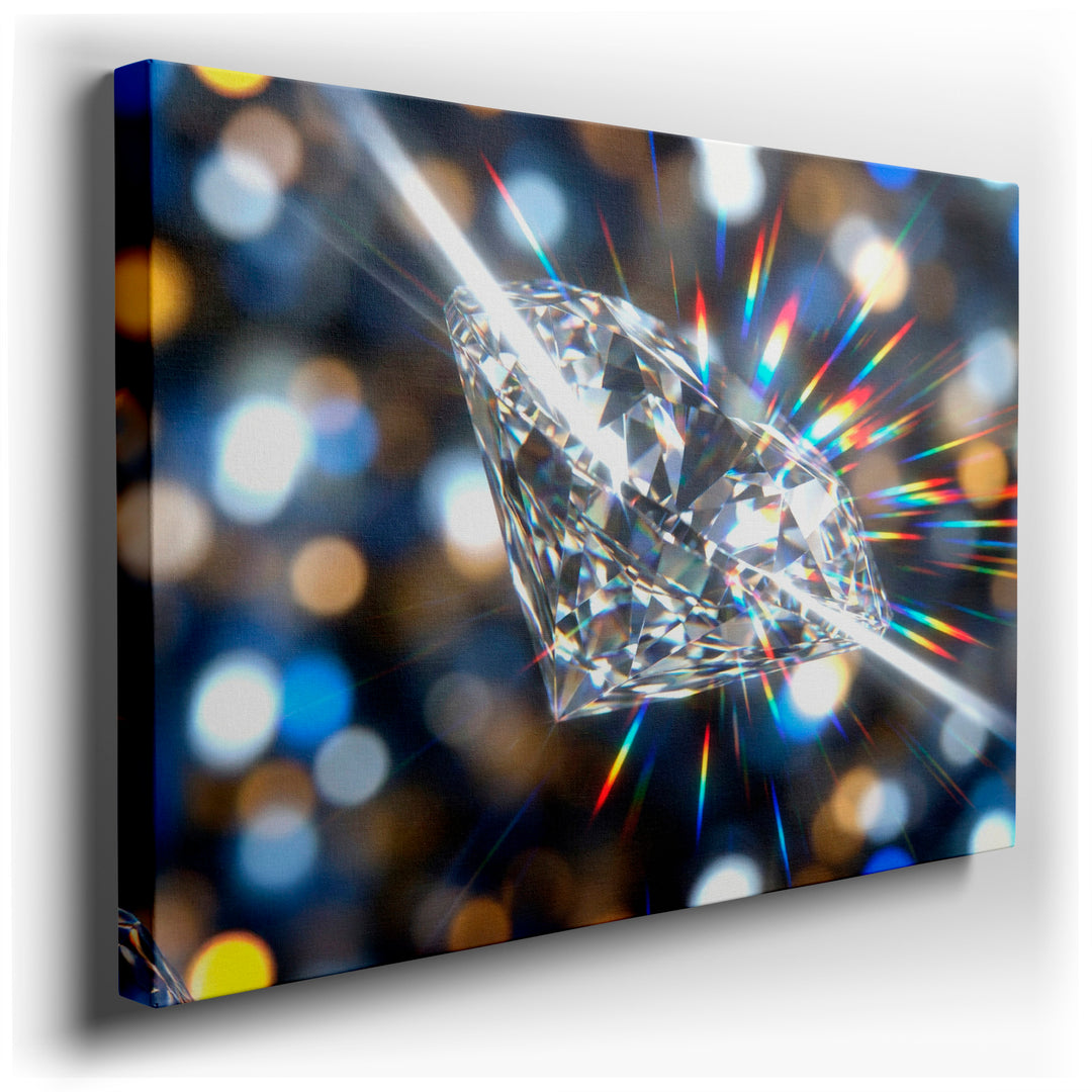 Close-up of a radiant diamond refracting light, creating a spectrum of colors, perfect for eye-catching wall art.
