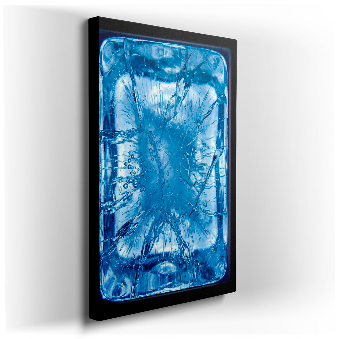Abstract wall art of a fractured ice cube with striking blue tones, creating a modern and elegant aesthetic.