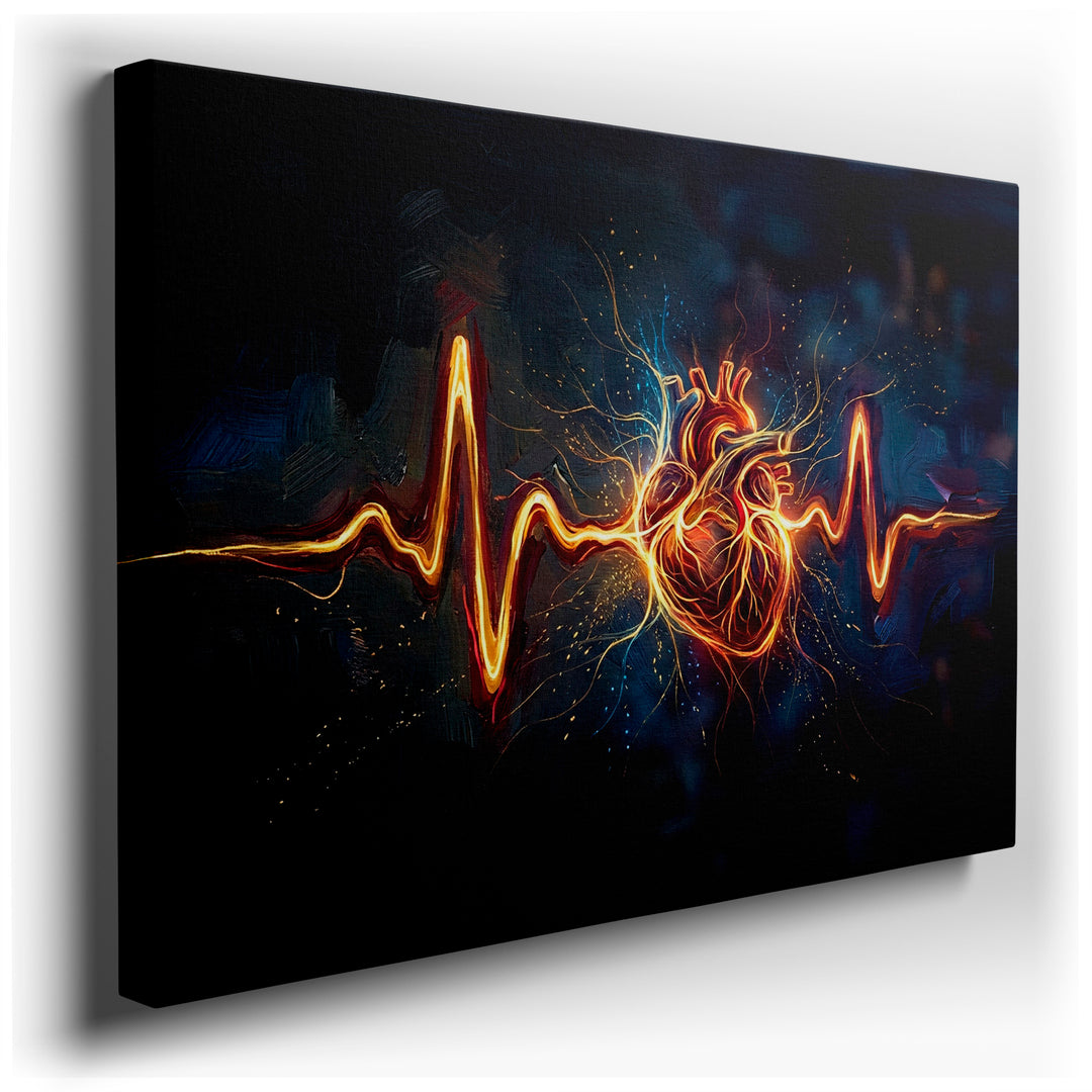 Abstract wall art displaying a glowing anatomical heart connected to a vibrant EKG readout for a modern aesthetic.