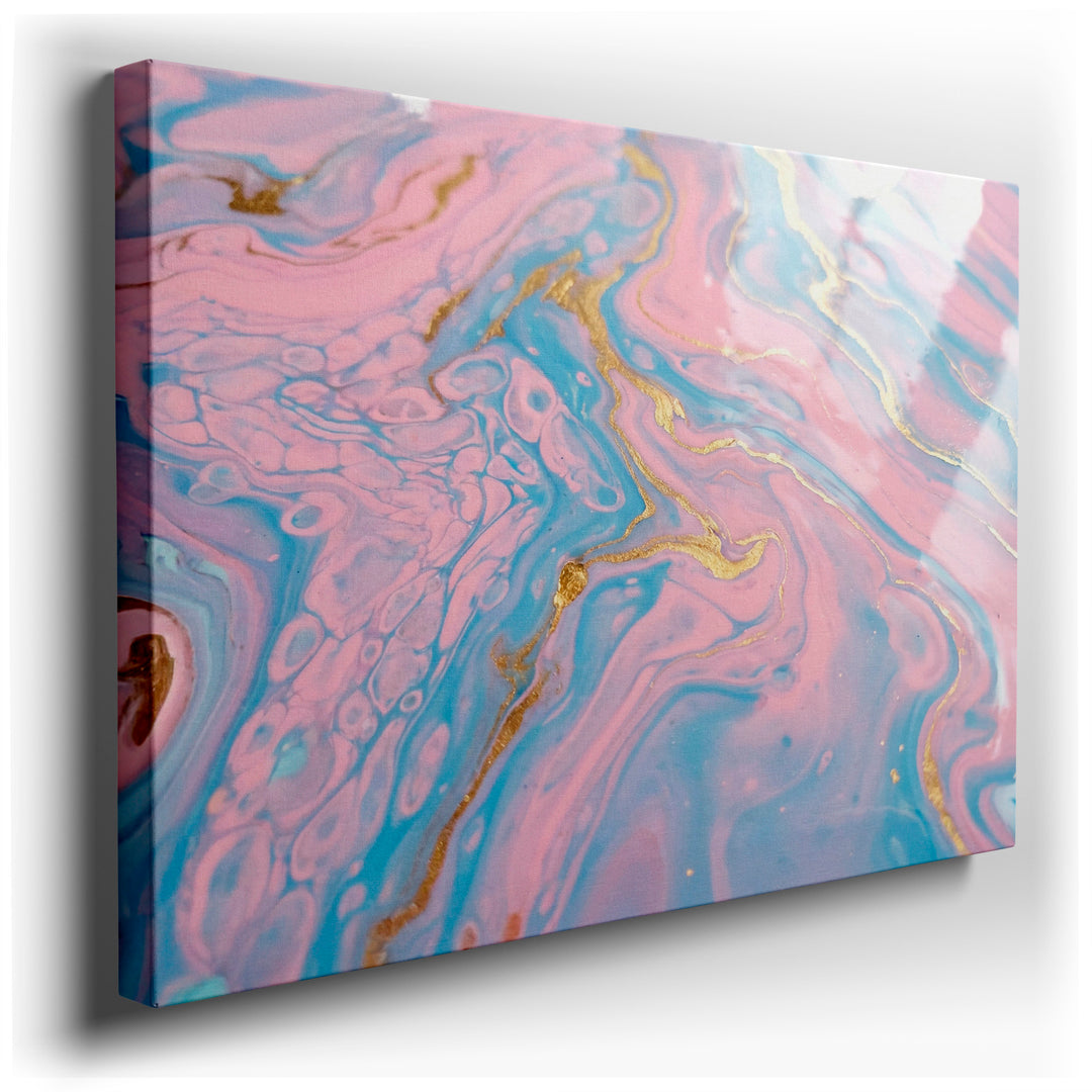 Abstract wall art featuring a fluid blend of pink, blue, and gold, creating a marbled effect perfect as home wall decor.