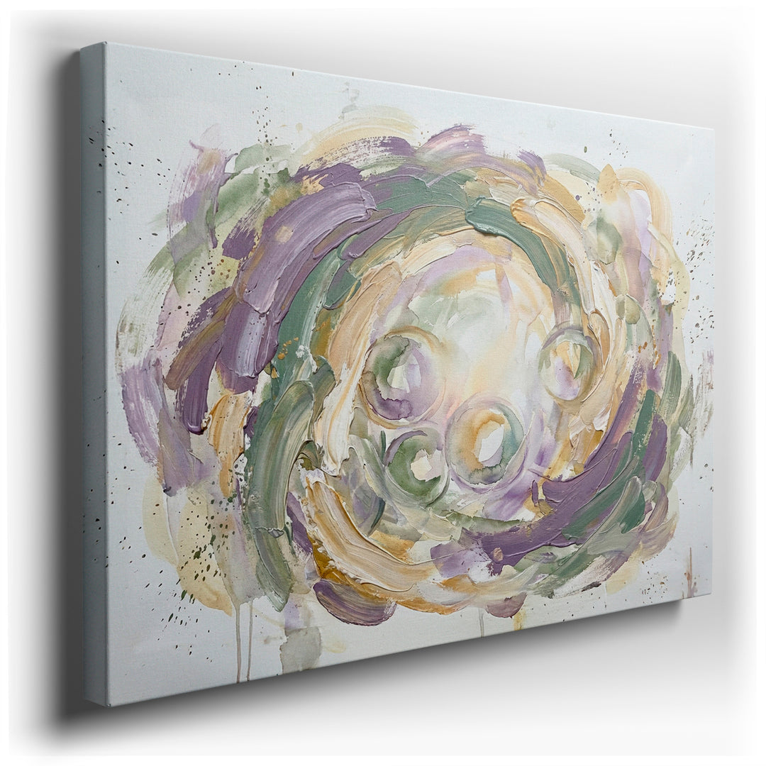 Abstract swirl wall art with textured brushstrokes in lavender, sage green, and cream colors on a white background.