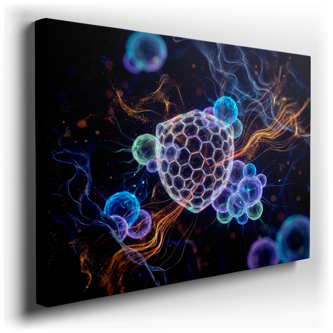 Abstract digital wall art displaying glowing spheres and hexagonal patterns, creating a modern, eye-catching piece for home wall decor.