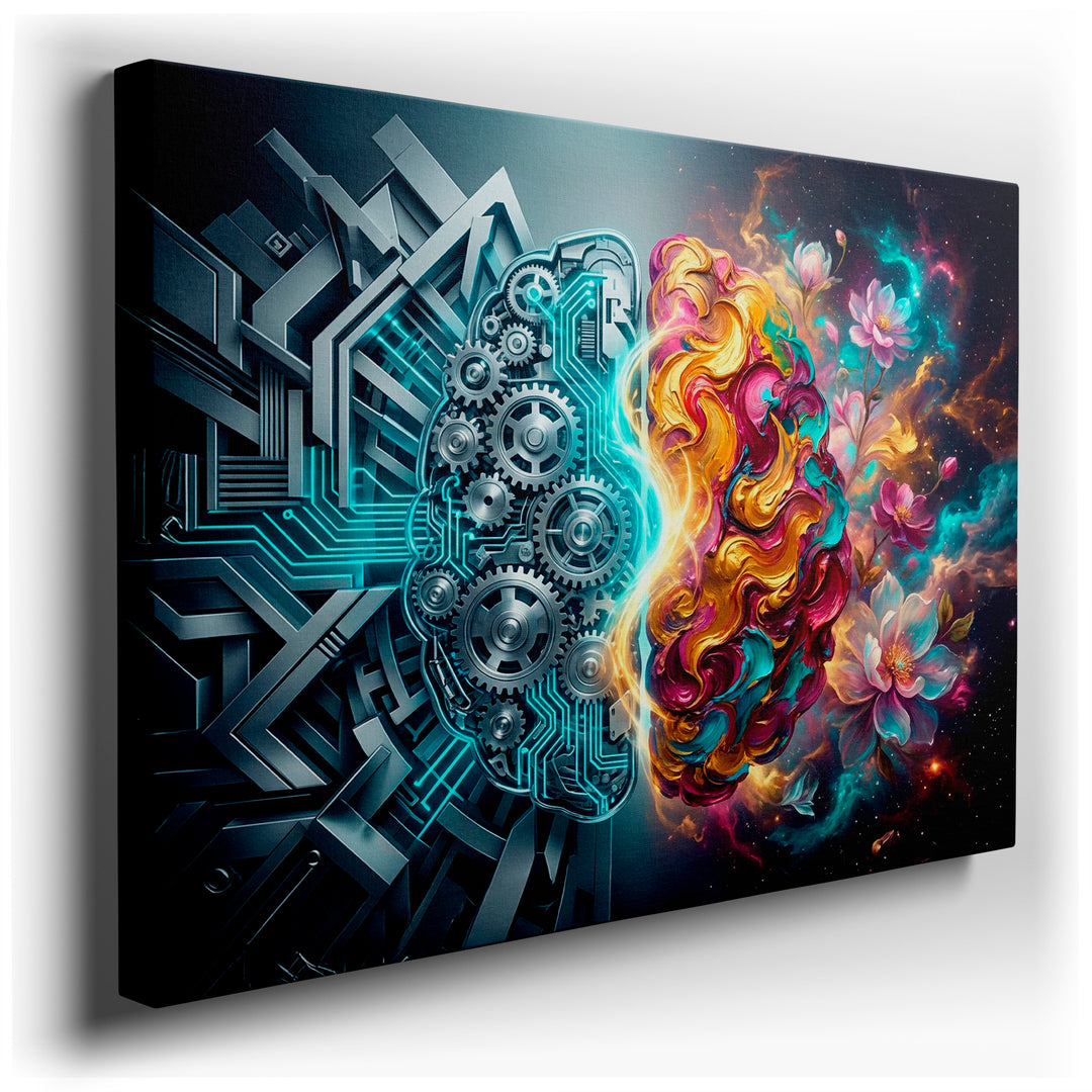 Digital brain wall art showing tech and floral elements, vibrant colors on canvas. Gears, circuits, and flowers intertwine.