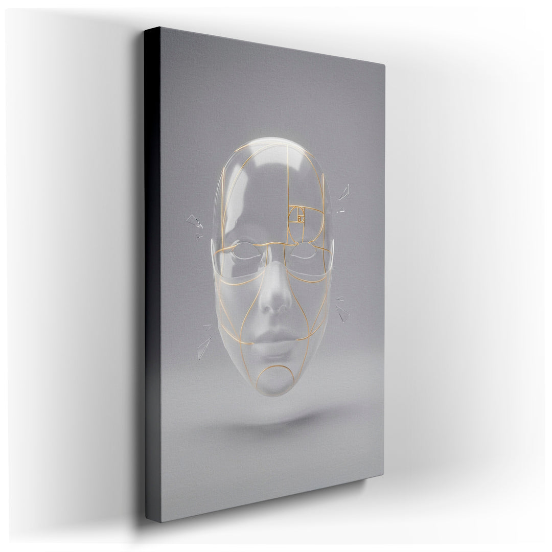 Abstract wall art of a translucent mask with golden ratio lines, conveying modern design and artistic sophistication.