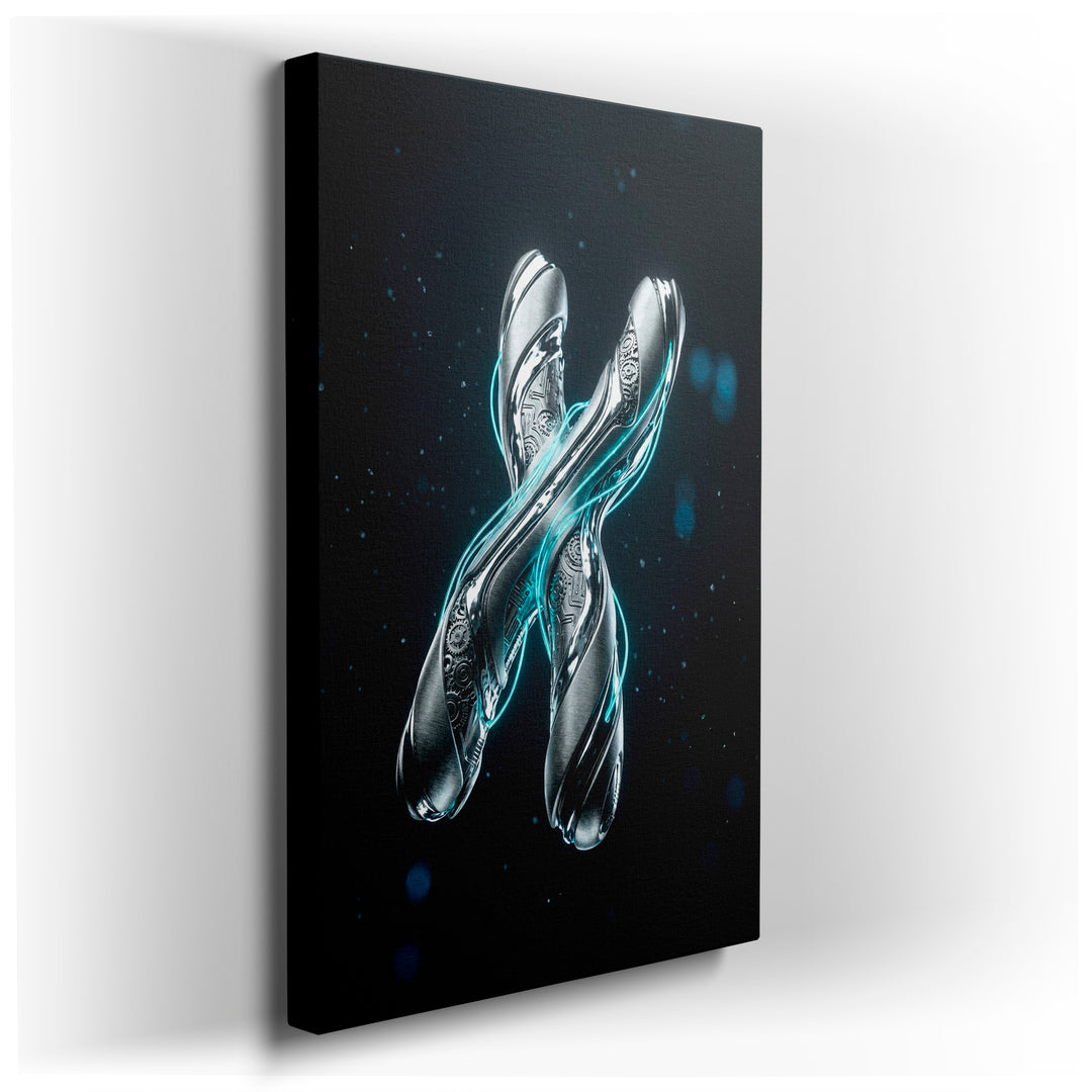 Abstract metal 'X' sculpture wall art featuring mechanical details and illuminated with a glowing blue light effect.