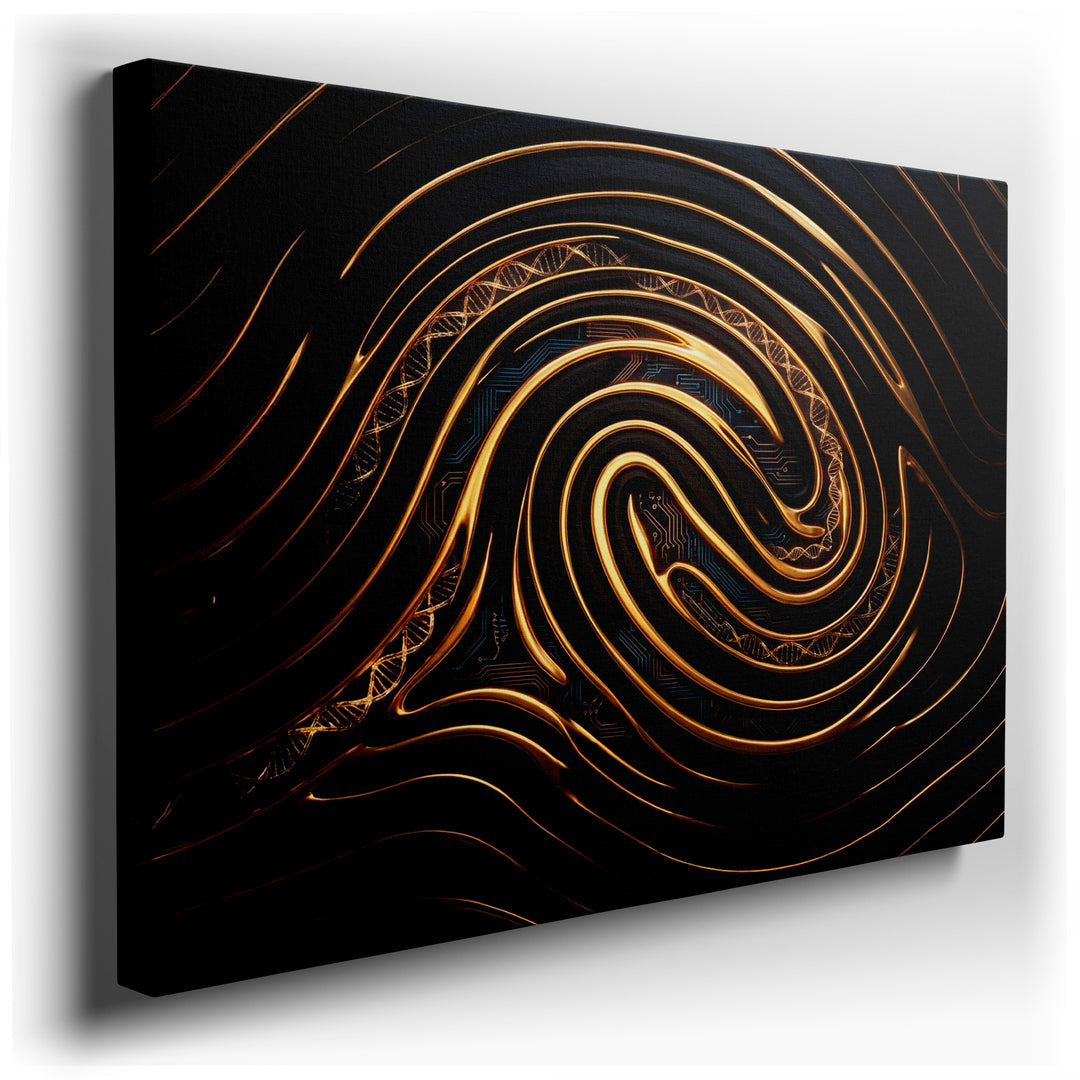 Abstract wall art featuring golden DNA strands and circuit patterns on a black canvas, creating a modern tech aesthetic.