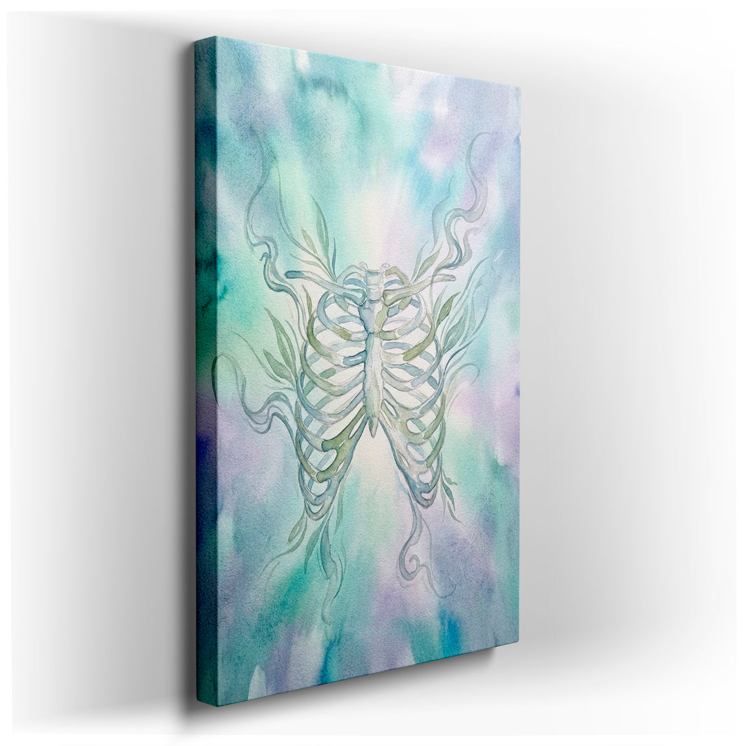 Watercolor rib cage wall art displays a delicate rib cage intertwined with leaves on a soft blue and green backdrop.