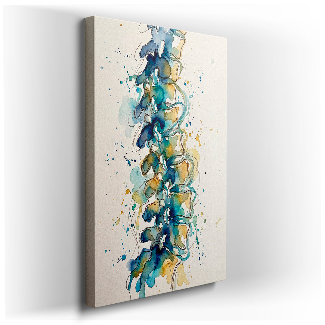 Watercolor painting of a human spine in shades of blue, green, and gold, displayed as captivating wall art.
