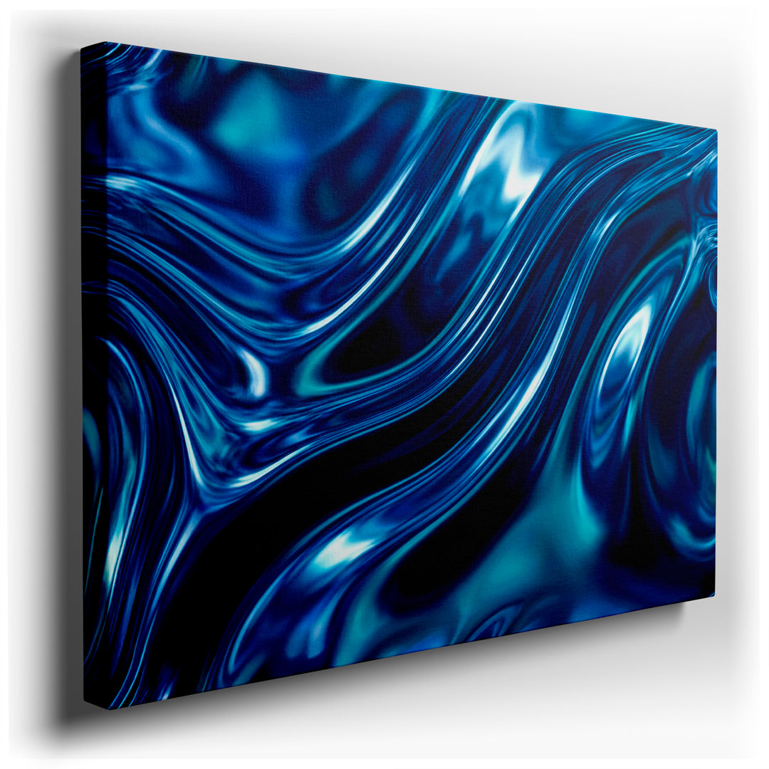 Abstract wall art featuring flowing liquid swirls in shades of blue and white, creating a modern and dynamic visual texture.