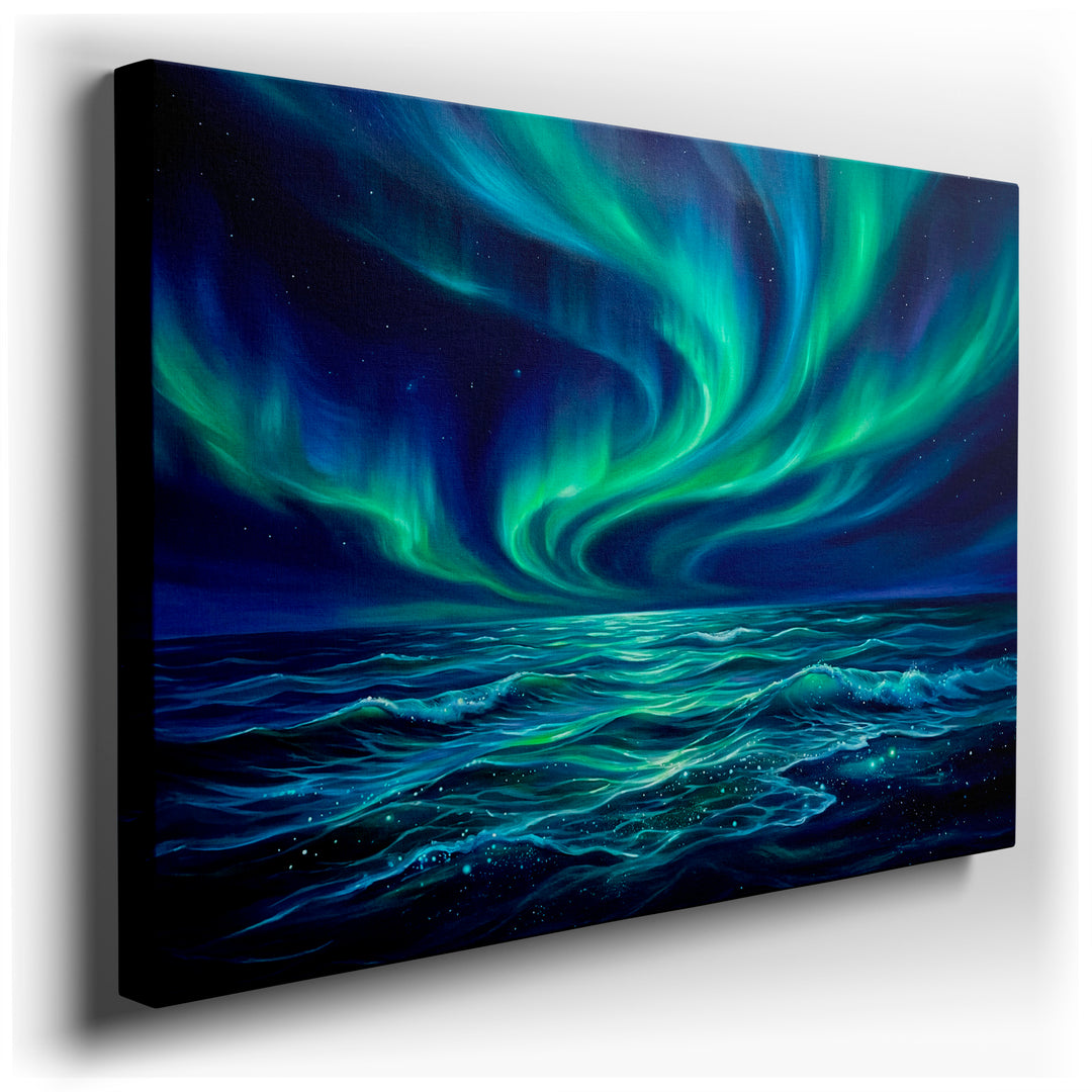Striking canvas wall art depicting the aurora borealis over a serene ocean, creating a captivating and tranquil home decor piece.