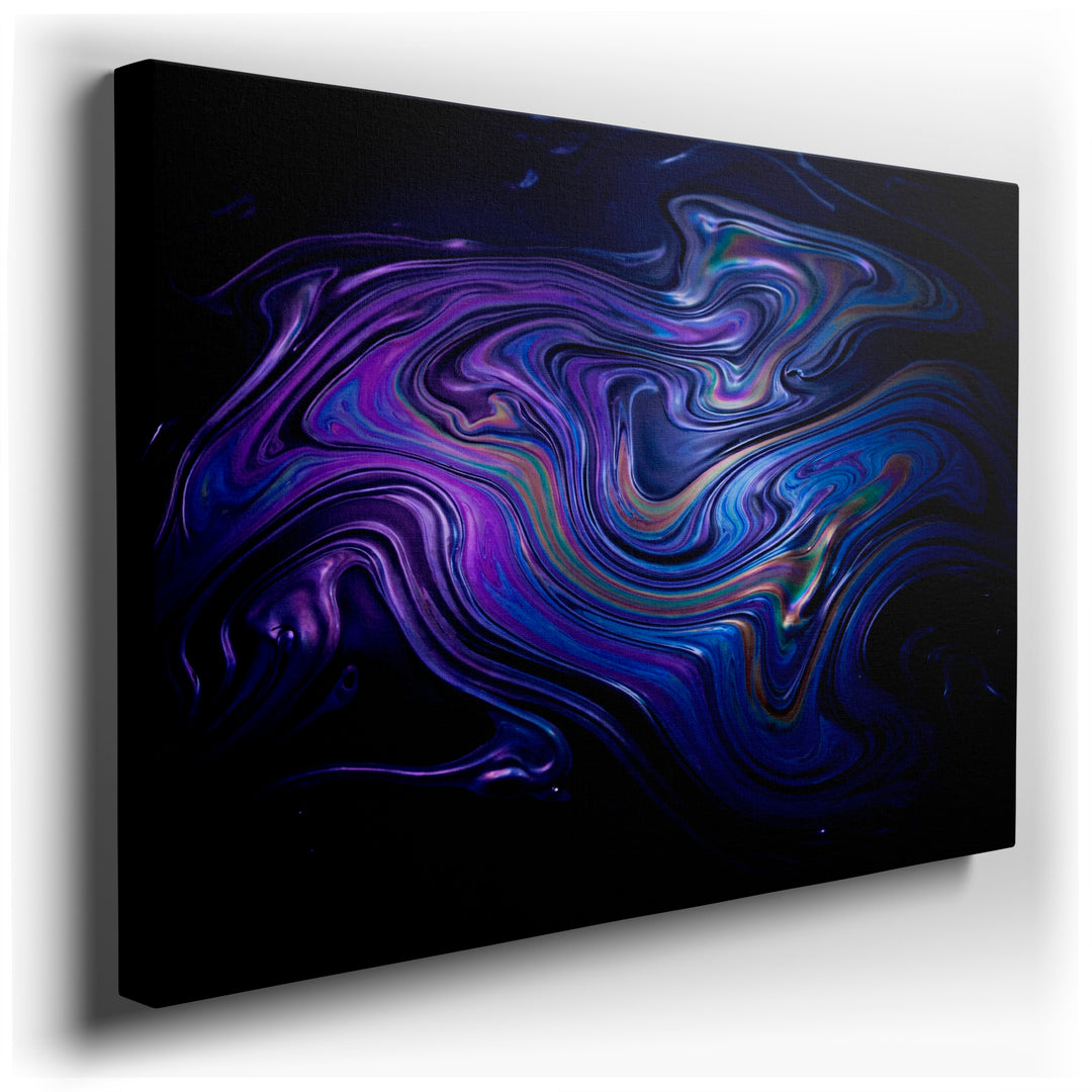 Abstract wall art showcasing a fluid swirl of purple, blue, and iridescent colors, creating a modern and captivating visual texture.