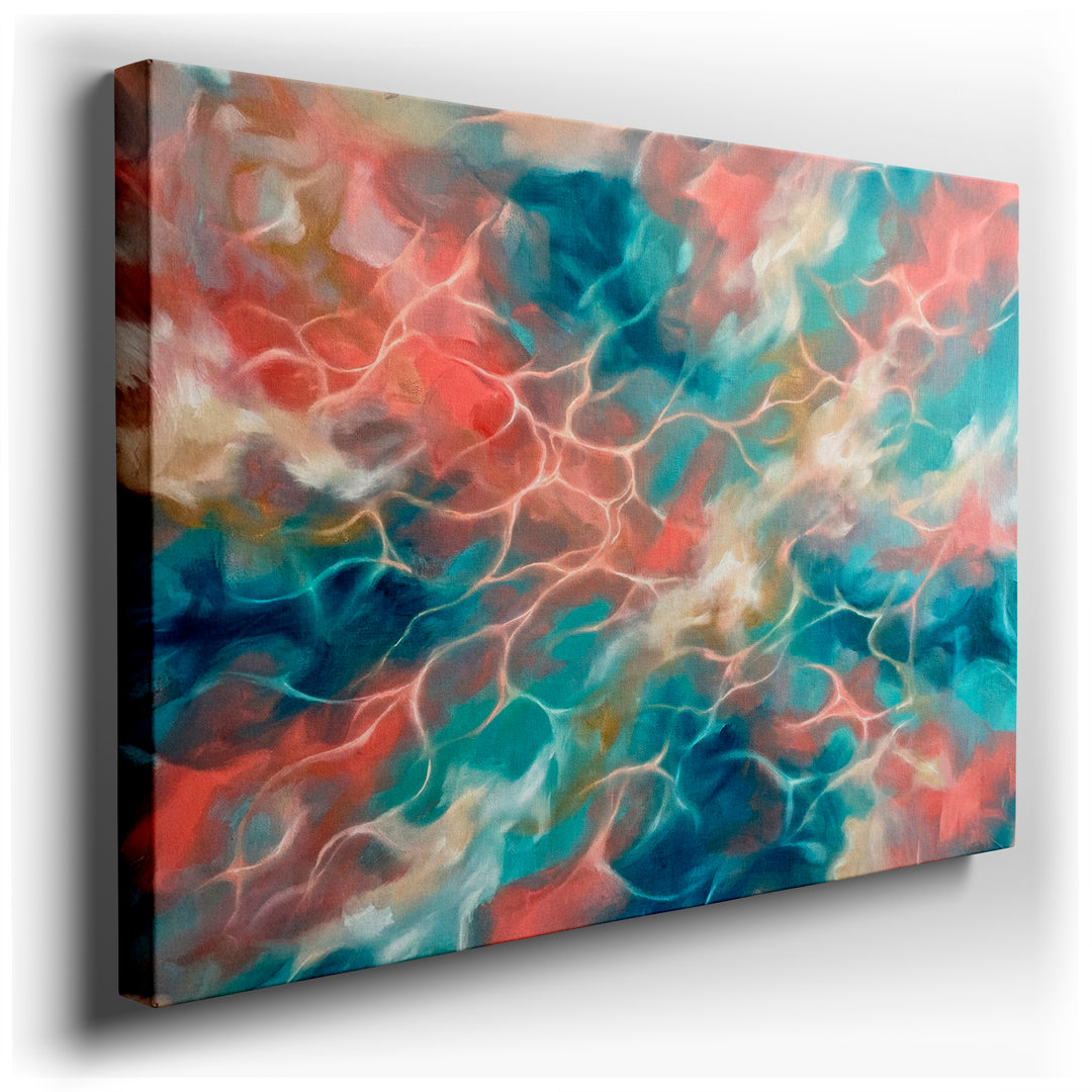 Abstract wall art featuring water reflections in coral, teal, and cream, creating a modern aesthetic.