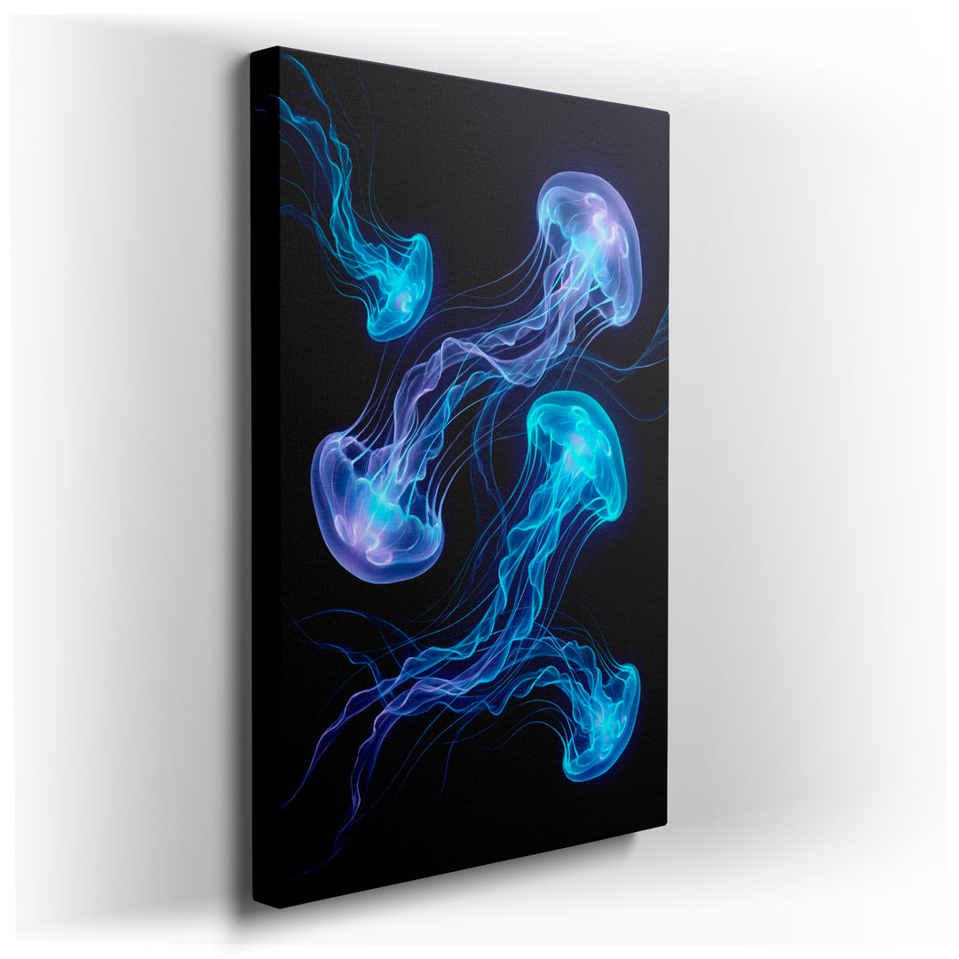 Glowing jellyfish wall art featuring bioluminescent creatures drifting gracefully against a dark, deep-sea backdrop.