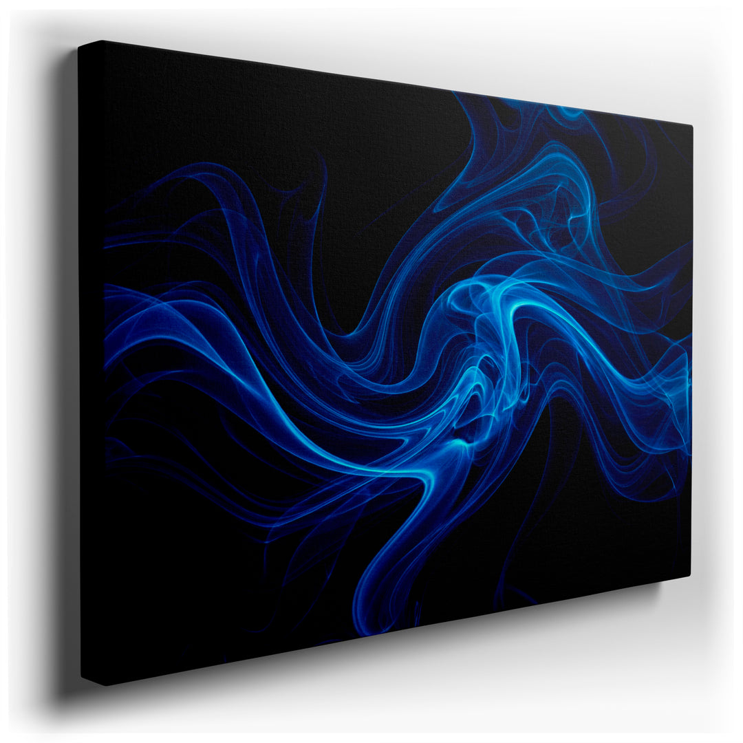 Abstract wall art featuring dynamic blue smoke patterns against a dark backdrop, creating a modern, ethereal visual.