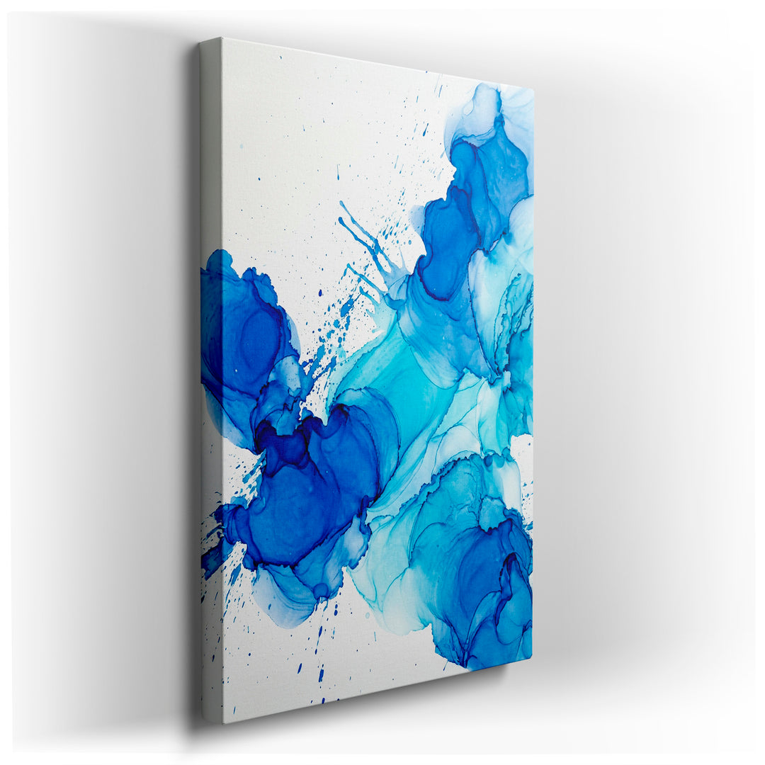 Fluid blue abstract wall art featuring swirling patterns on canvas, creating a sense of movement and depth.