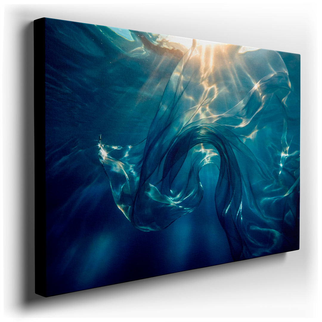 Underwater canvas wall art showing sheer blue fabric flowing with sunlight, creating a peaceful ambiance for elegant wall decor.