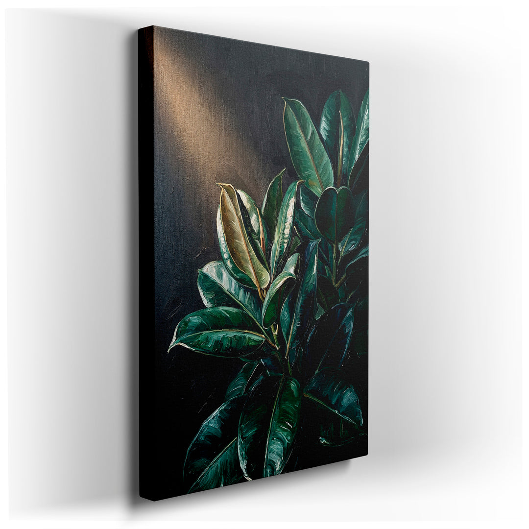 Oil painting of a rubber plant with lush green leaves against a dark background, suitable as distinctive wall art.
