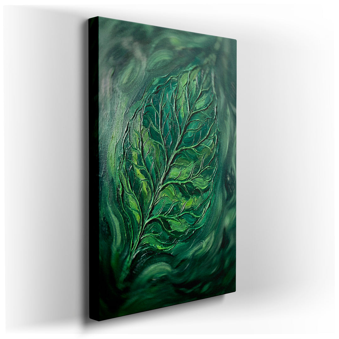Detailed emerald green leaf painting featuring thick brushstrokes and intricate vein details; nature-inspired wall art.