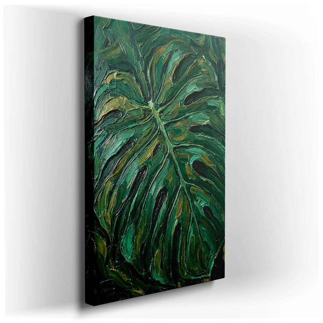 A vibrant green monstera leaf oil painting showcases textured brushstrokes, bringing tropical botanical art to your wall decor.