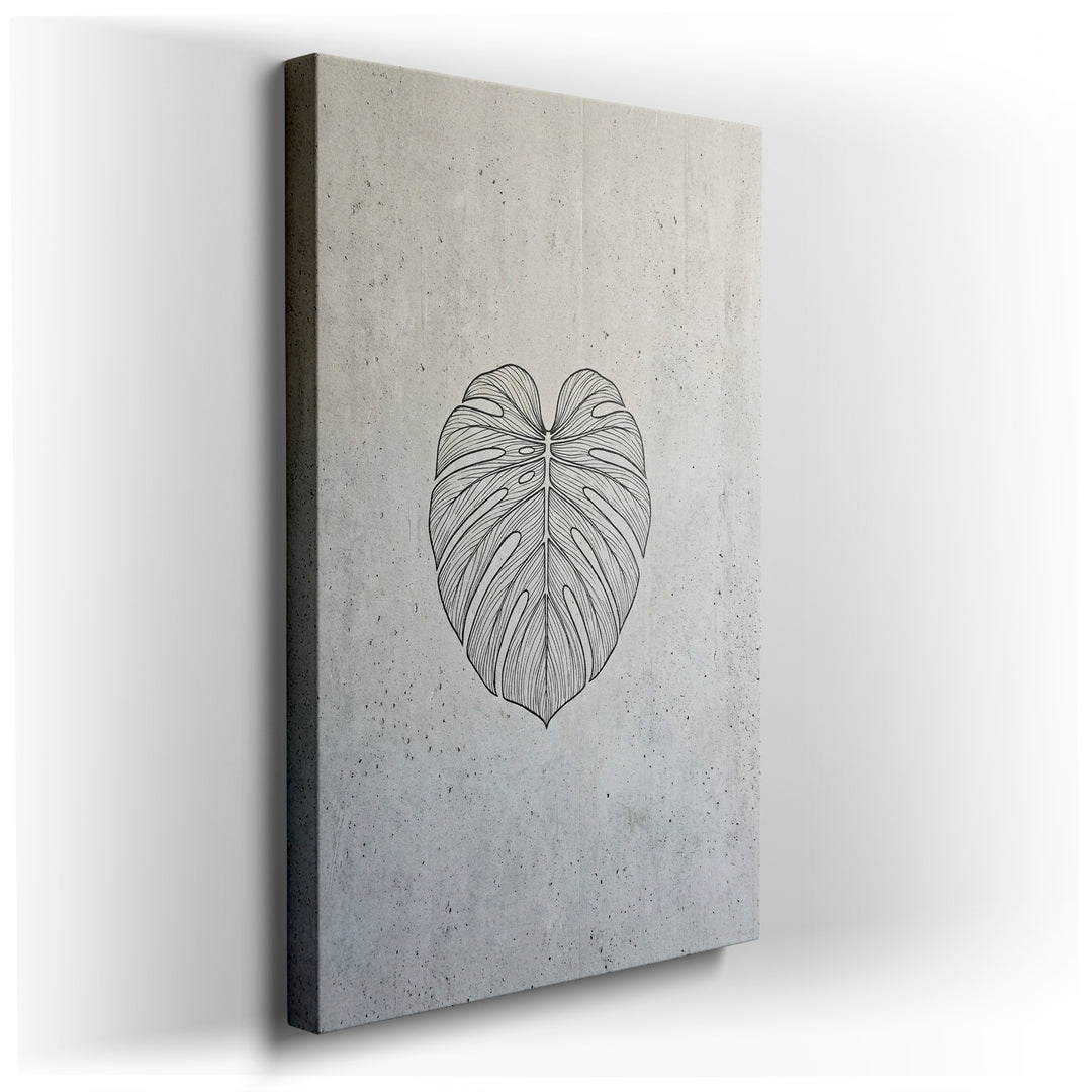 Minimalist Monstera leaf line art on a textured, concrete-like background, showcased as striking wall art.