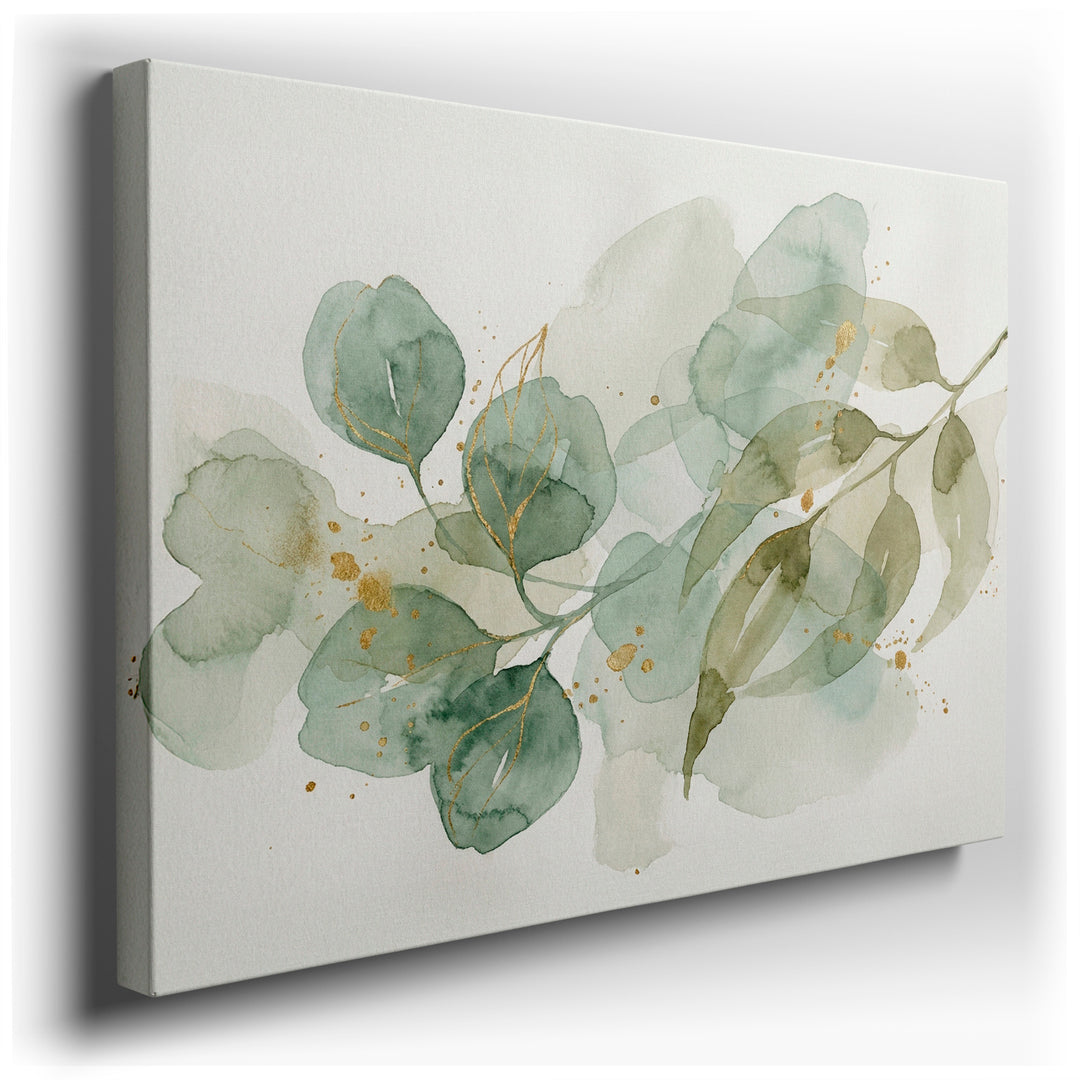 Watercolor Eucalyptus Branch wall art featuring green leaves with gold accents, creating a serene and elegant botanical design.