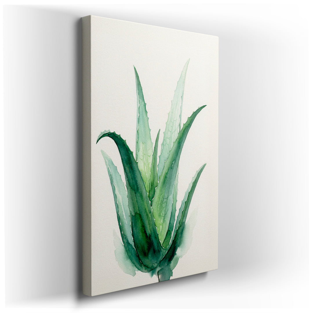 Watercolor wall art of an aloe vera plant with intricate details and varying shades of green, against an off-white background.