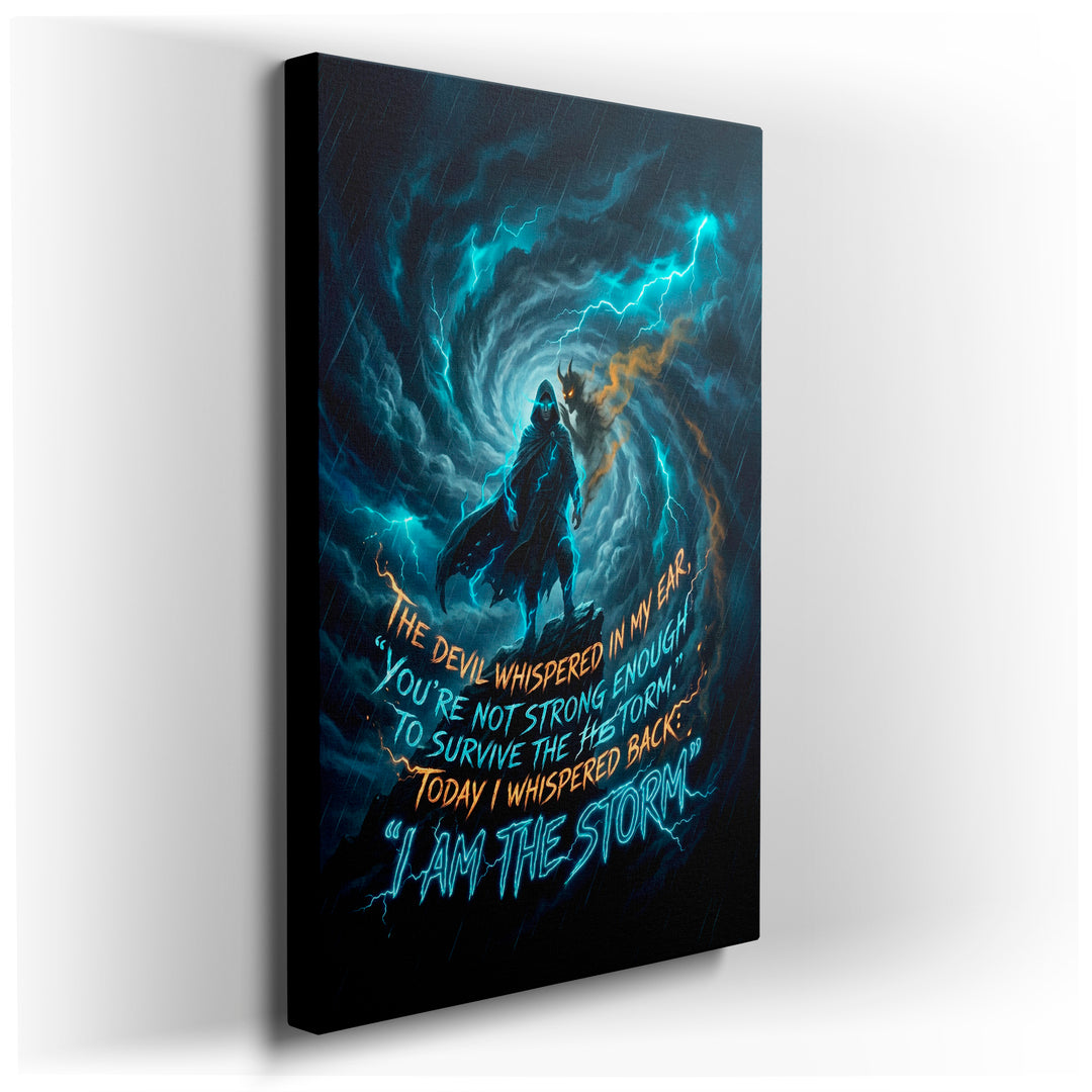 Dramatic wall art featuring a hooded figure amid a storm, embodying resilience. Ideal home decor for inspiration.