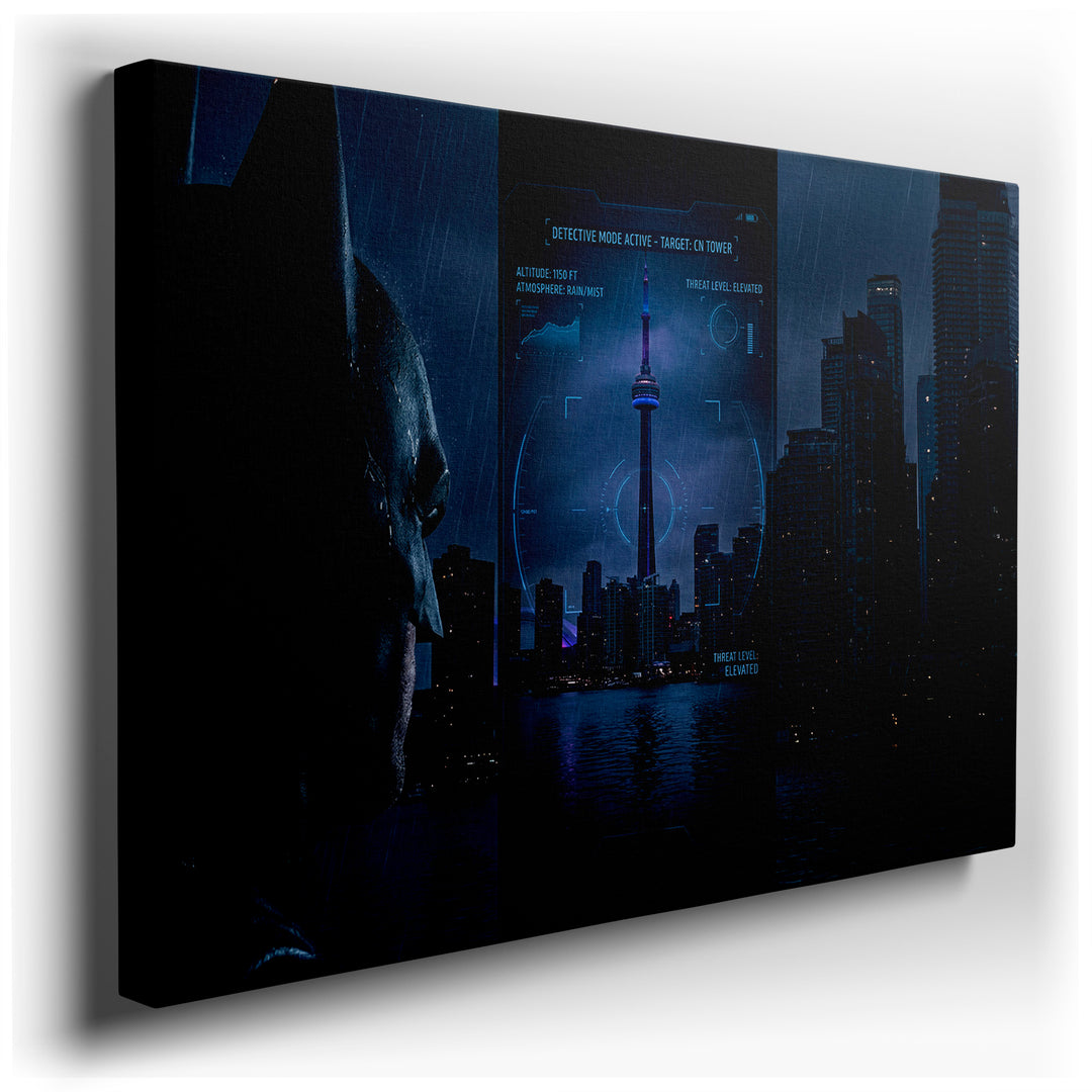 Canvas wall art showcasing Batman in detective mode overlooking the CN Tower against a rainy cityscape, high threat level elevated.